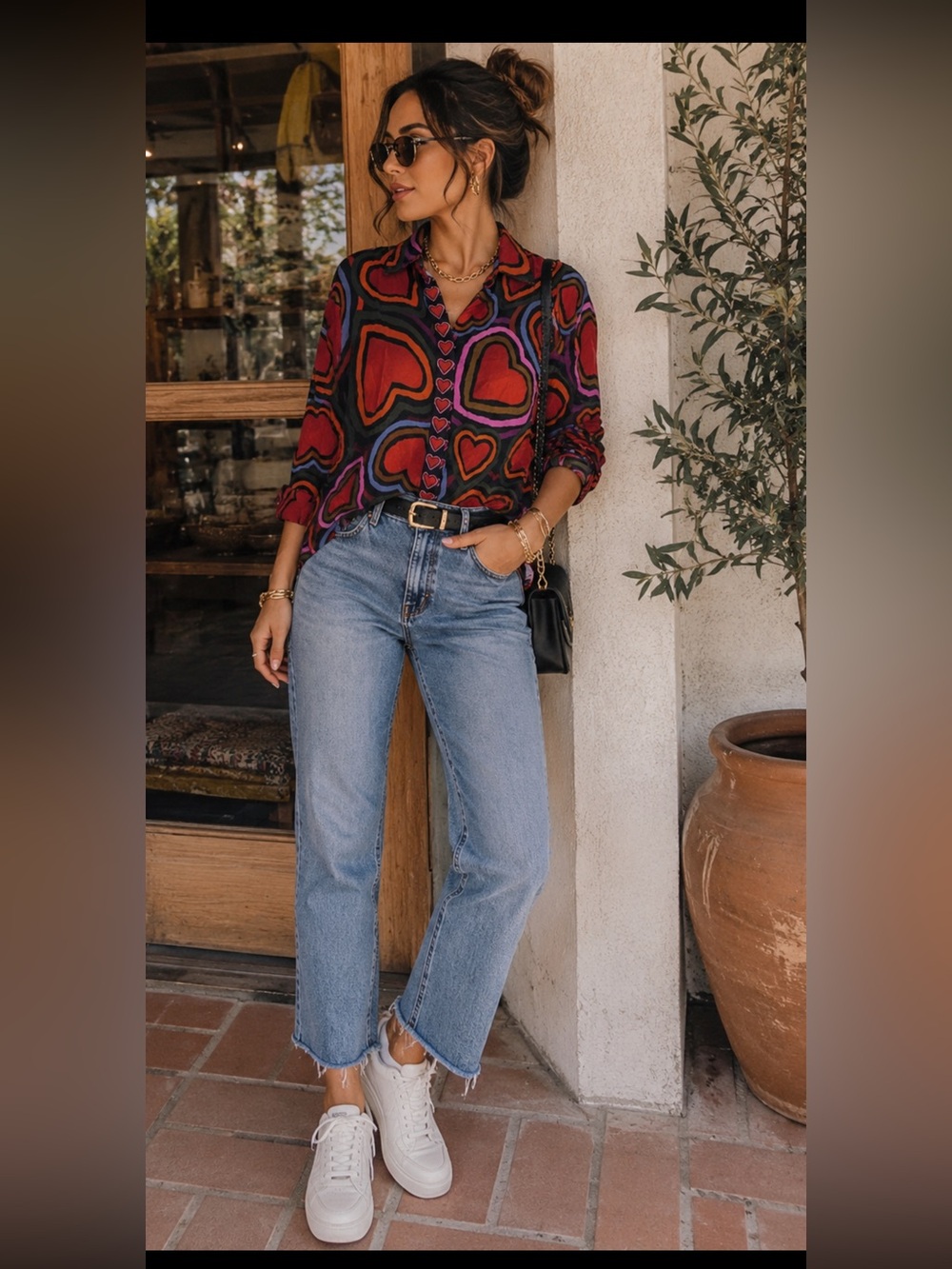 FARM Rio Red and Purple Heart-Print Button-Down Blouse